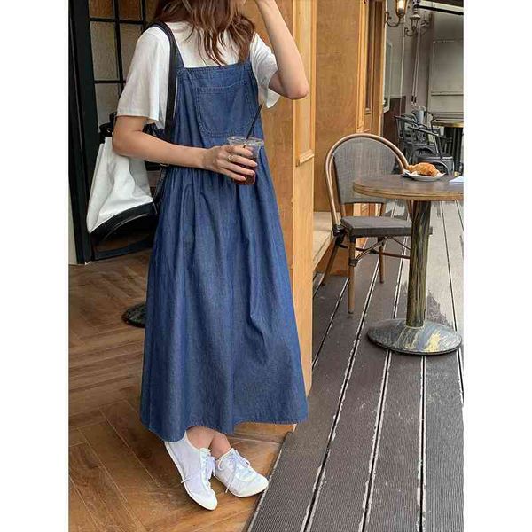 

[daihe] korean gentle wind age reducing denim strap skirt women's 2021 summer new loose high waist dress, Black;white