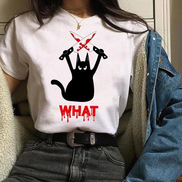 

clothes graphic cat horror blood women t shirt funny short sleeve summer fall halloween tees female womens, White