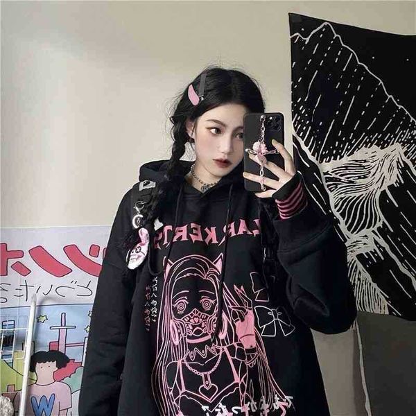 

hoodie anime harajuku cartoon dark graffiti print sweater hoody hoodies women goth clothing hooded long mouths female y2k, Black