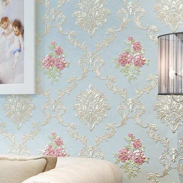 Papéis de parede Muralha Papéis europeus rústicos Decoração de casa 3D Damasco rolo de parede floral em relevo para paredes de quarto Papel de contato mural