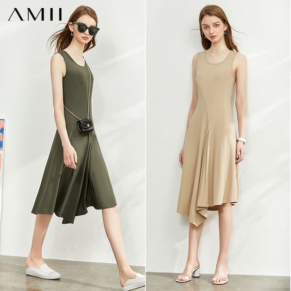 

AMII Minimalism Spring Summer Solid Cotton Women Dress Oneck Irregular Hem Knee-length Dress 12070172, Hkaki