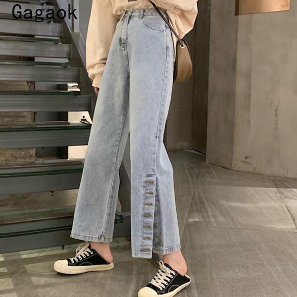 

women's pants & capris gagaok women streetwear ankle-length 2021 spring autumn solid high button loose casual large size wild straight, Black;white