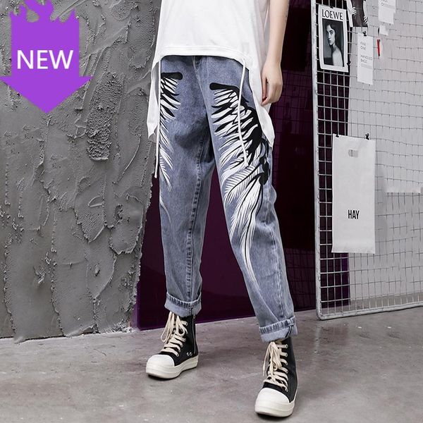 

denim holes pattern printed wide leg jeans women trousers fashion tide 2021 spring summer high waist loose blue women's