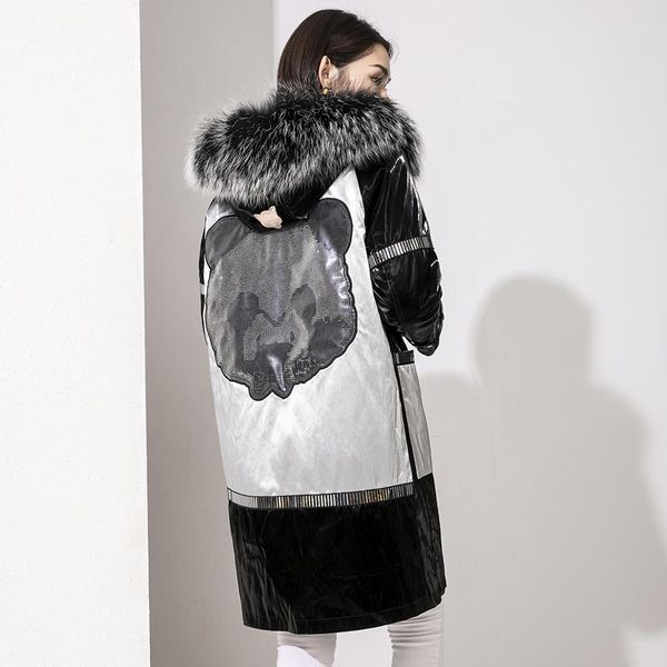 

women's fur & faux 2021 winter panda pattern natural parka women causal coat raccoon hooded and lining, Black