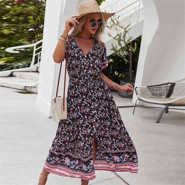 

women maxi dress floral print v neck short sleeve summer casual high waist button bohemian female beach vestidos 210522, Black;gray