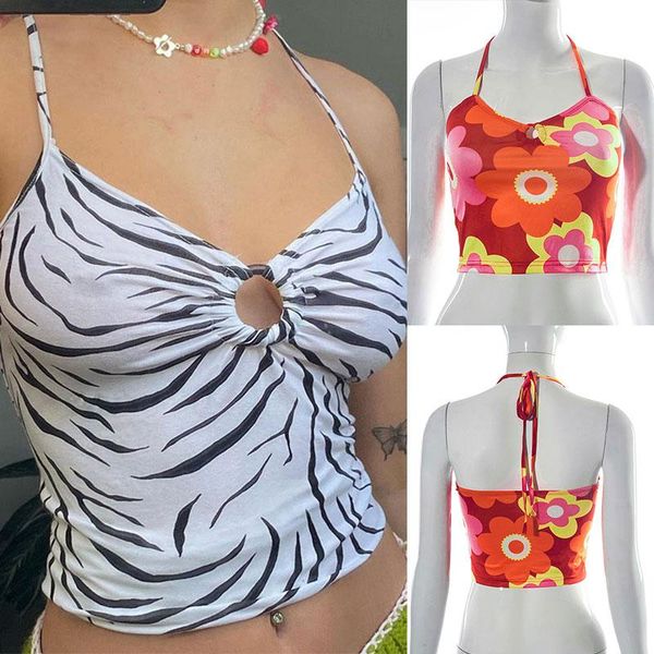 

women's tanks & camis womens t-shirt tank paisley print halter deep v neck sleeveless crop summer camisole backless vest tees, White