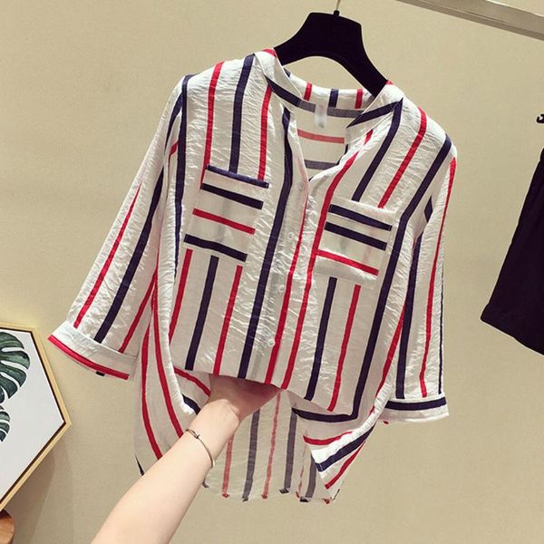 

women's blouses & shirts fashion women casual half sleeve striped color matching v-neck loose ladies button summer blusas mujer, White