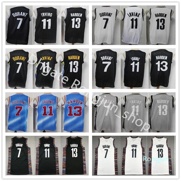 Top Quality Jerseys de Basquete 13 Harden 7 Kevin 11 Kyrie Durant Irving Jersey Costura Cinza Cinza Branco Branco Cidade Azul Entrega Rápida