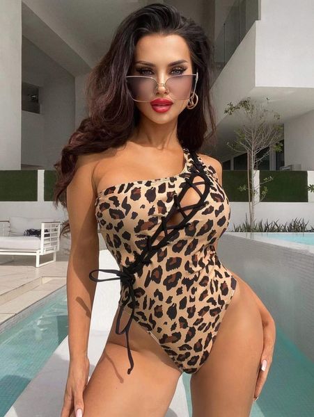 

leopard lace-up one piece swimsuit 98jx#, White;black