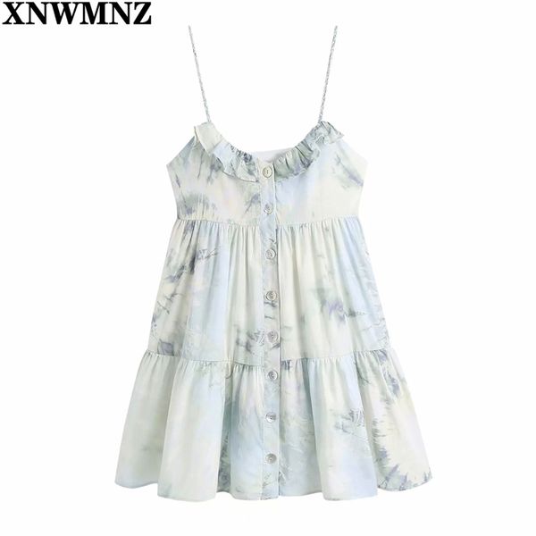

summer dress women vintage tie dye print mini female elegant ruffle buttons casual es beach sundresses 210520, Black;gray