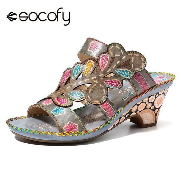 

dress shoes socofy bohemia sandals high heel handmade genuine leather adjustable hook loop slip on stitching woman elegant, Black