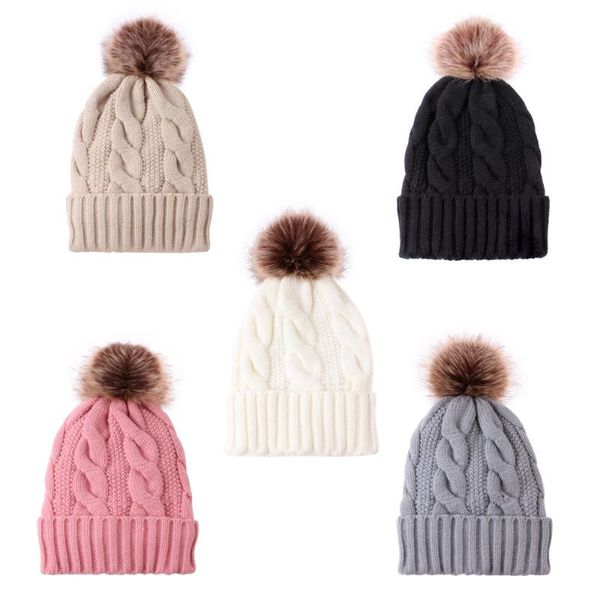 

Beanie/Skull Caps Faux Fur Pompom Women Hat Plus Velvet Twist Knitted Warm Beanie Winter Female Casual Ski Thicken Crochet Cap Bonnet Hats, Blue;gray