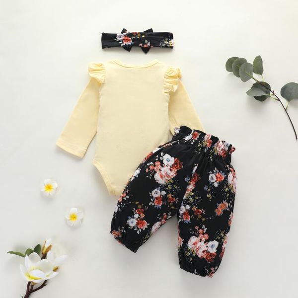 

clothing sets baby & children's fall autumn infant girls 3pcs set yellow solid color ruffled bodysuit+floral print long pants+headband, White