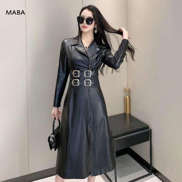 

women's leather & faux autumn winter women zipper long jacket sleeve turn down collar slim black fashion slit moto
