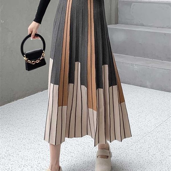 

tigena autumn winter women knitted midi skirt vintage contrast striped a line high waist pleated long female ladies 211214, Black