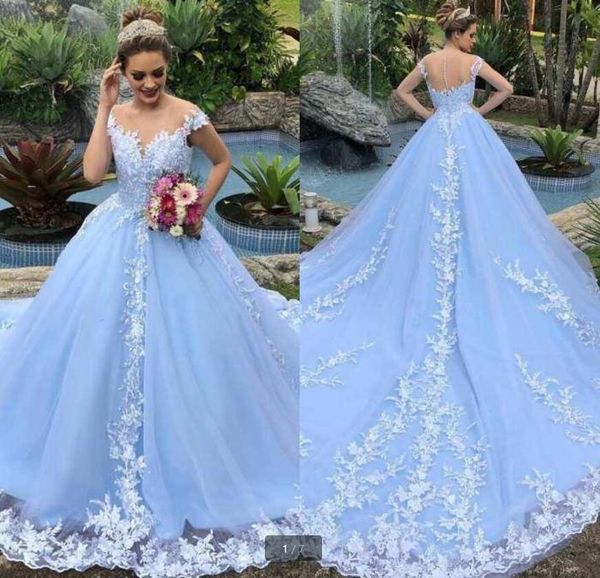 

2021 robe de soiree white /blue tulle ball gown wedding dresses cap sleeve lace appliques princess puffy long court train bridal gowns modes