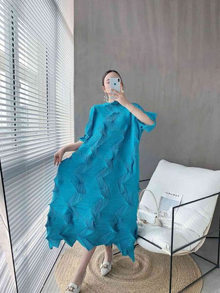 

stand mid-calf dresses summer new w x-long solid color bubble irregular a line dress for women 210421, Black;gray
