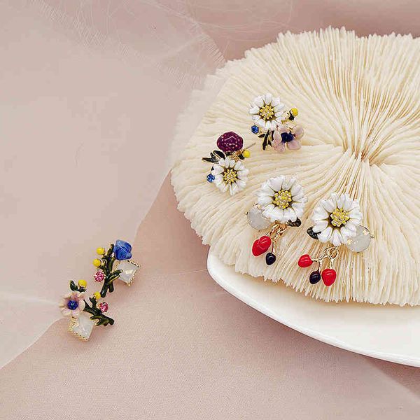 

s925 selling silver needle enamel colored glaze flower asymmetric earrings korean version net tassel fruit female, Golden
