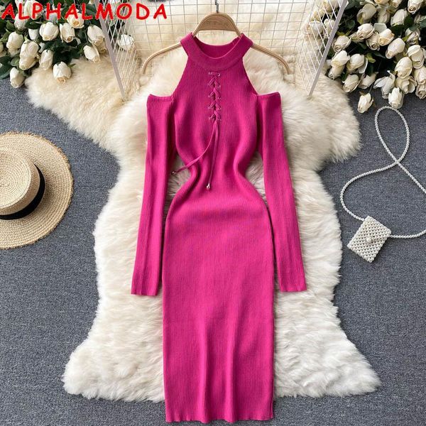 

casual dresses alphalmoda women 2021 autumn off the shoulder slim waist bandage knitted party bodycon sheath vestidos, Black;gray