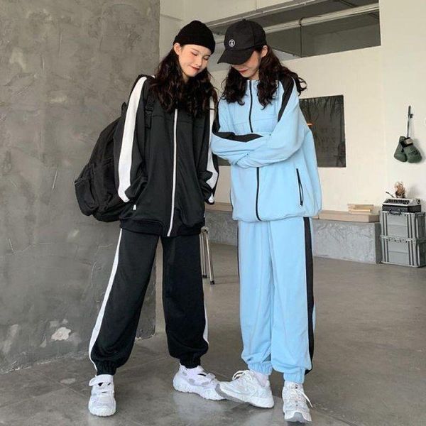

gym clothing autumn leisure sports suit women spring korean loose student fashion jacket jogger pants hip-hop two-piece, White;black