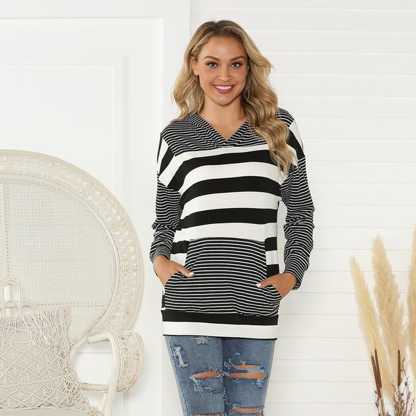 

fashion trends ladies' sweaters autumn 2021 hooded casual slim fit women's loose striped contrast stitched sweater hoodies, Black