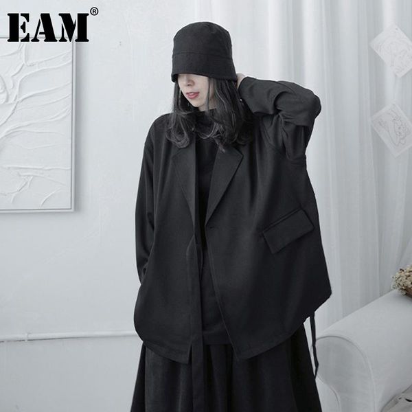 

[eam] women black brief big size bandage blazer lapel long sleeve loose fit jacket fashion tide spring autumn 2021 1db764 women's suits, White;black
