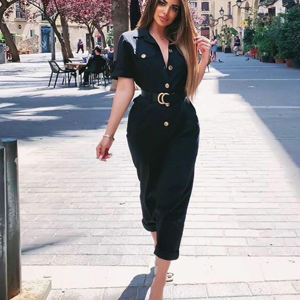 

women's jumpsuits & rompers women 2021 short sleeves fashion high waist casual long romper female overalls black office ladies steertwe, Black;white