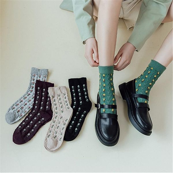 

socks & hosiery 1 pair of autumn and winter linen pattern cotton women's retro small floral jacquard fashion tube for ladies lq73, Black;white