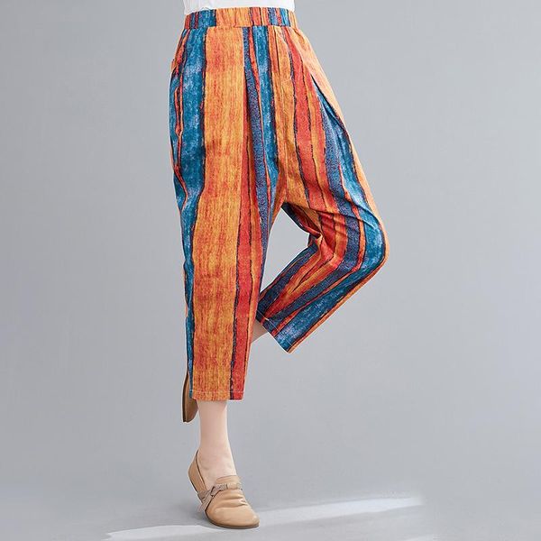 

arrival summer arts style women loose casual elastic waist harem pants cotton linen striped ankle-length a975 women's & capris, Black;white