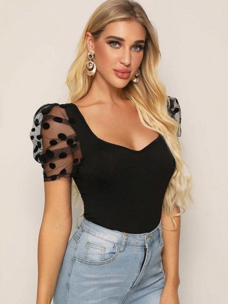

sweetheart neck dobby mesh sleeve b8p7#, White