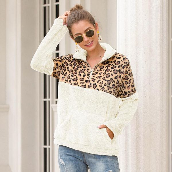 

women's hoodies & sweatshirts women casual leopard printed coral fleece pullover sweatshirt zipper warm solid long sleeve 2021 loose co, Black