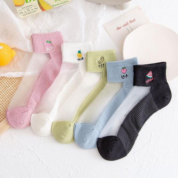 

socks & hosiery sp&city japanese women's fruit embroidery lolita funny happy glass silk comfortable transparent for woman, Black;white