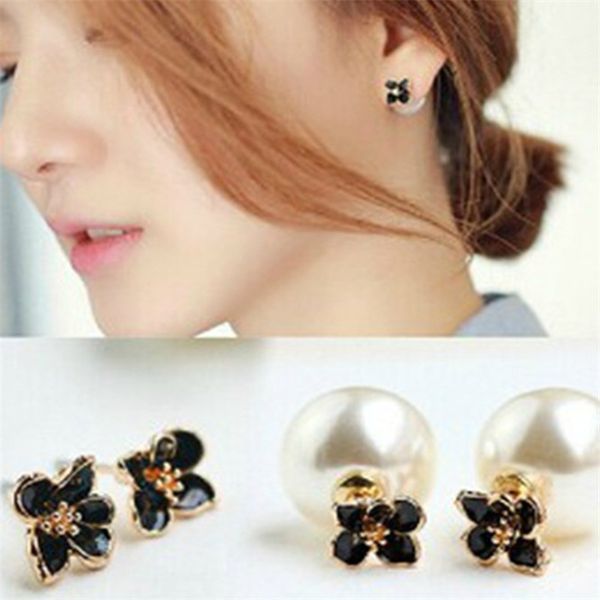 

korean double sided earrings zou ju flower pearl chandelier, Silver
