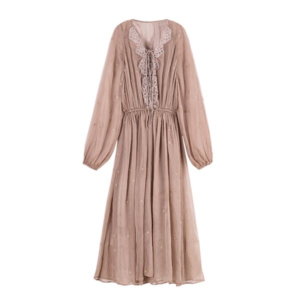 

brown lace embroidery star v neck lantern sleeve long midi dress loose autumn d0616 210514, Black;gray