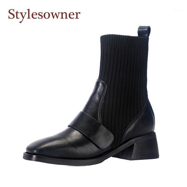 

boots retro elastic wool women's 2021 autumn /winter square toe thick heel short knitted versatile mid-heel thin1, Black