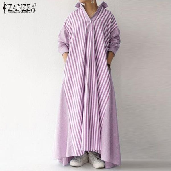 

casual dresses zanzea women striped dress autumn patchwork sundress long sleeve lapel neck vestidos kaftan robe femme baggy, Black;gray