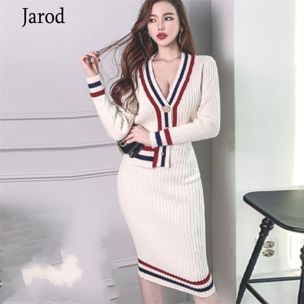 

autumn korean knitted stripe color-blocked 2 piece sets women long sleeve cardigan + elastic waist skirt suits outfits 210519, White
