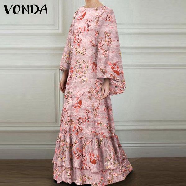 

casual dresses loose dress vonda 2021 women vintage floral printed long sleeve vestidos o neck pleated ruffled hem beach sundress femme, Black;gray