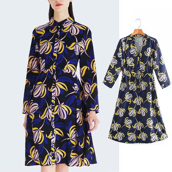 

fashion woman shirt flower print turn-down collar dresses ladies single-breasted long sleeve slim spring midi dress casual, Black;gray