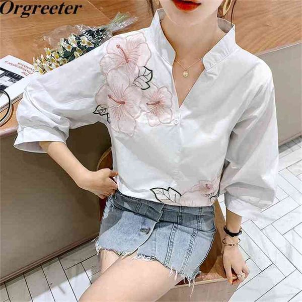 

women blusas femininas elegant white blouse summer 3/4 sleeve flower embroidery casual cotton women's 210602