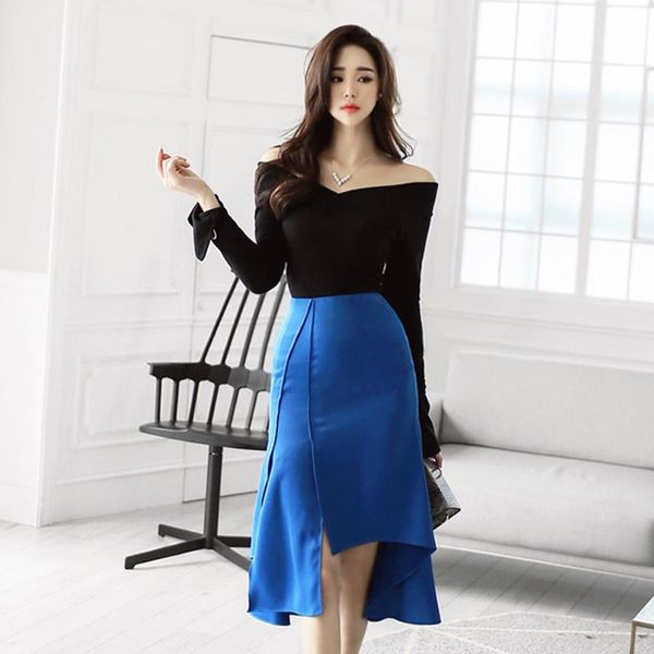 

women long skirt high waist skirts blue 3226, Black