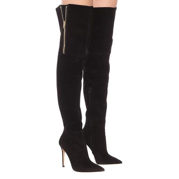 

boots women winter over-the-knee black kid suede zip pointed toe thin heels thigh high boot femmes bottes footwear shoes woman