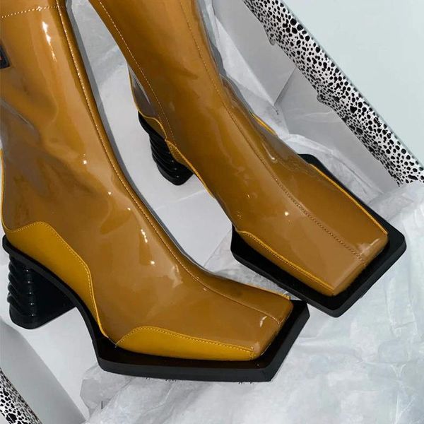 

dress shoes net red same boots women's 2021 style square head side zipper thick heel thin middle tube high short, Black