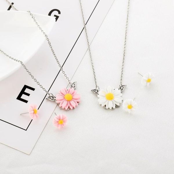 

earrings & necklace 2021 cute sunflower leaf pendant set charm chrysanthemum flower jewelry for women fashion gift, Silver