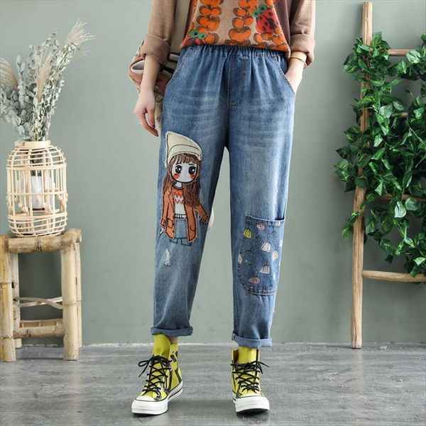 

spring fashion loose cartoon embroidery womens jeans high waist cute denim pants casual ankle length baggy harem trouser, Blue