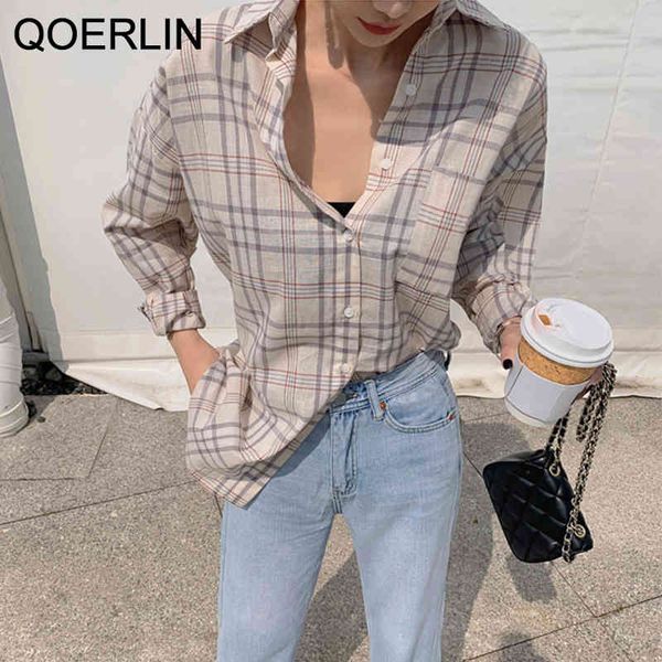 

blouses plaid long sleeve shirts women summer retro korean fresh female lapel loose single-breasted blouse ladies, White