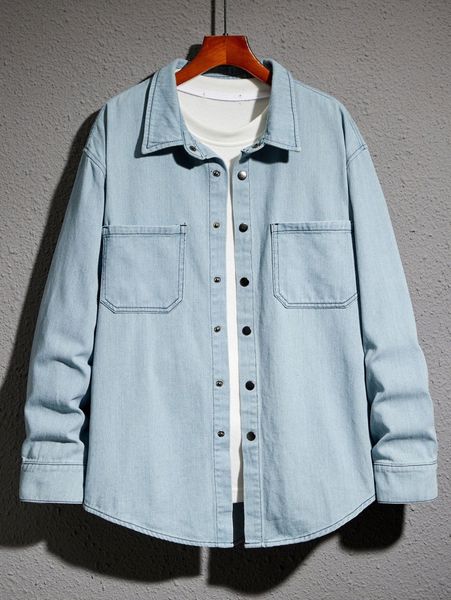 

men double pocket drop shoulder denim shirt without tee k4pz#, Blue