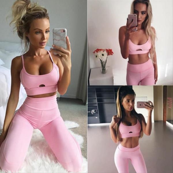 

pink hollow elastic suit women tracksuits fitness clothing workout wear tank pant outfit set, Gray