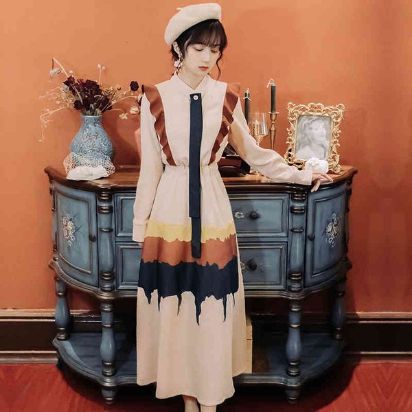 

dresses women vintage corduroy streetwear french style romantic contrast color ruffles es autumn winter midi long shirt, Black;gray
