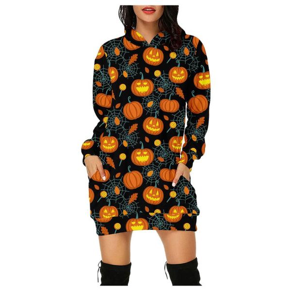 

casual dresses halloween printed long sleeve hooded dress autumn vintage women loose pocket party sweatshirt, Black;gray